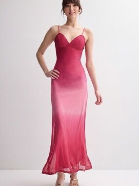 Ombre Pink Glitter Maxi Slip Dress with Spaghetti Straps